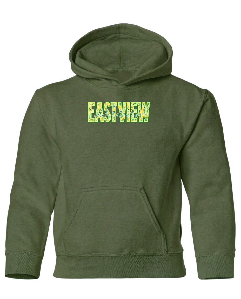 A green hoodie with the word "EASTVIEW" printed on it in a stylized font.