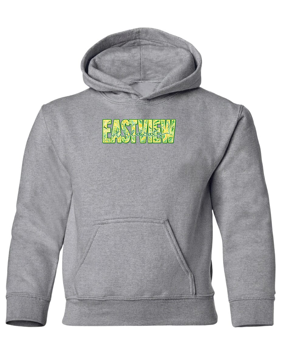 A gray hooded sweatshirt with the word "EASTVIEW" printed on it in a stylized font.