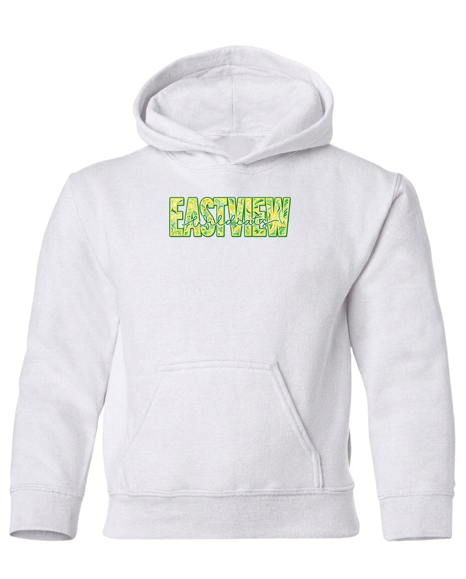 A white hoodie with a graphic design on the front.