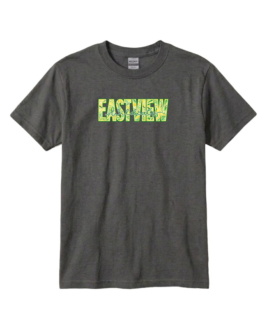 A gray t-shirt with the word "EASTVIEW" printed in green and yellow letters.