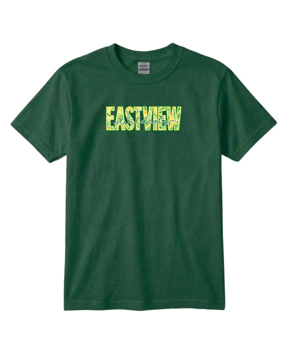 A green t-shirt with the word "EASTVIEW" printed on it in a stylized font.