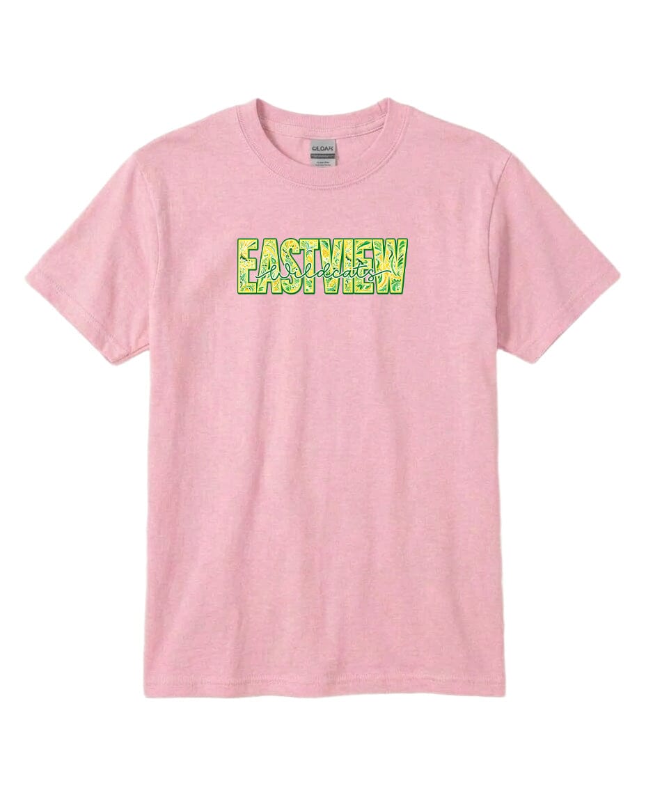 A pink t-shirt with the text "EASTVIEW" printed on it in a stylized font.