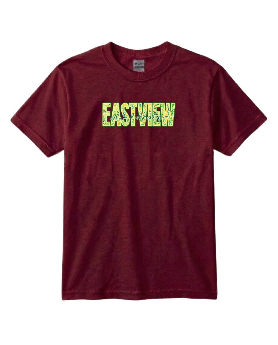 A burgundy-colored t-shirt with the word "EASTVIEW" printed in green and yellow letters.