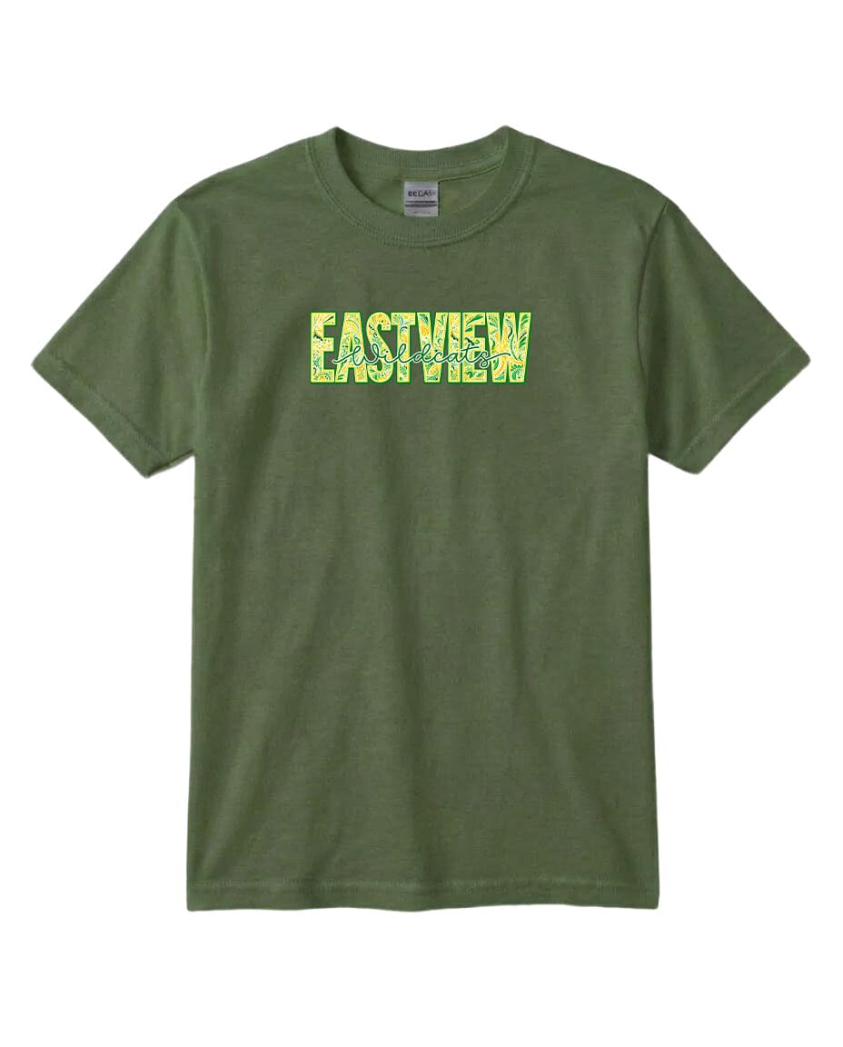 A green t-shirt with the word "EASTVIEW" printed on it in a stylized font.