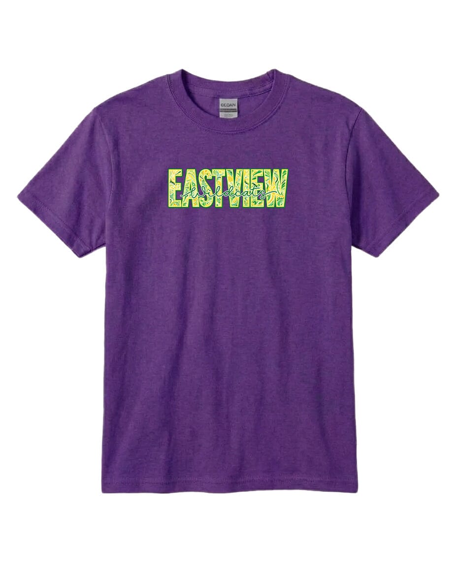 A purple t-shirt with the text "EASTVIEW" printed on it in a stylized font.