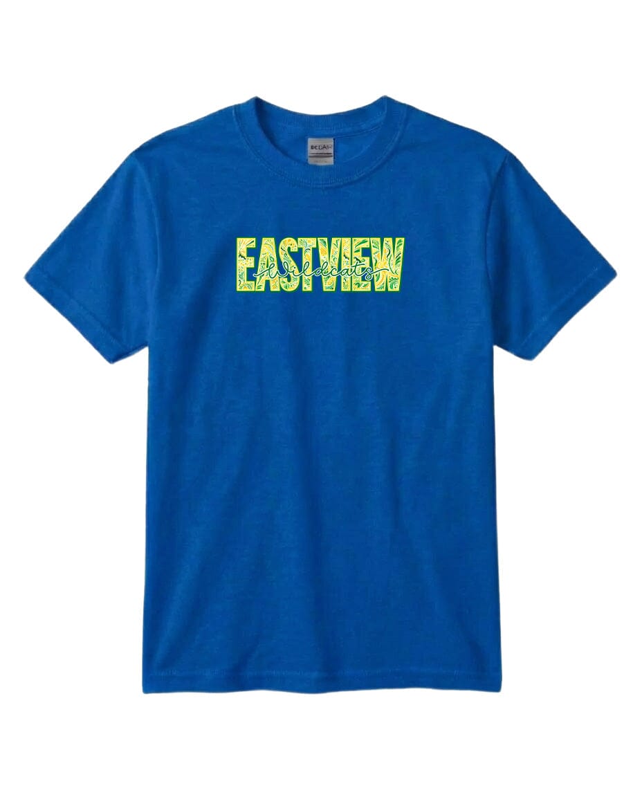 A blue t-shirt with the word "EASTVIEW" printed in yellow letters.