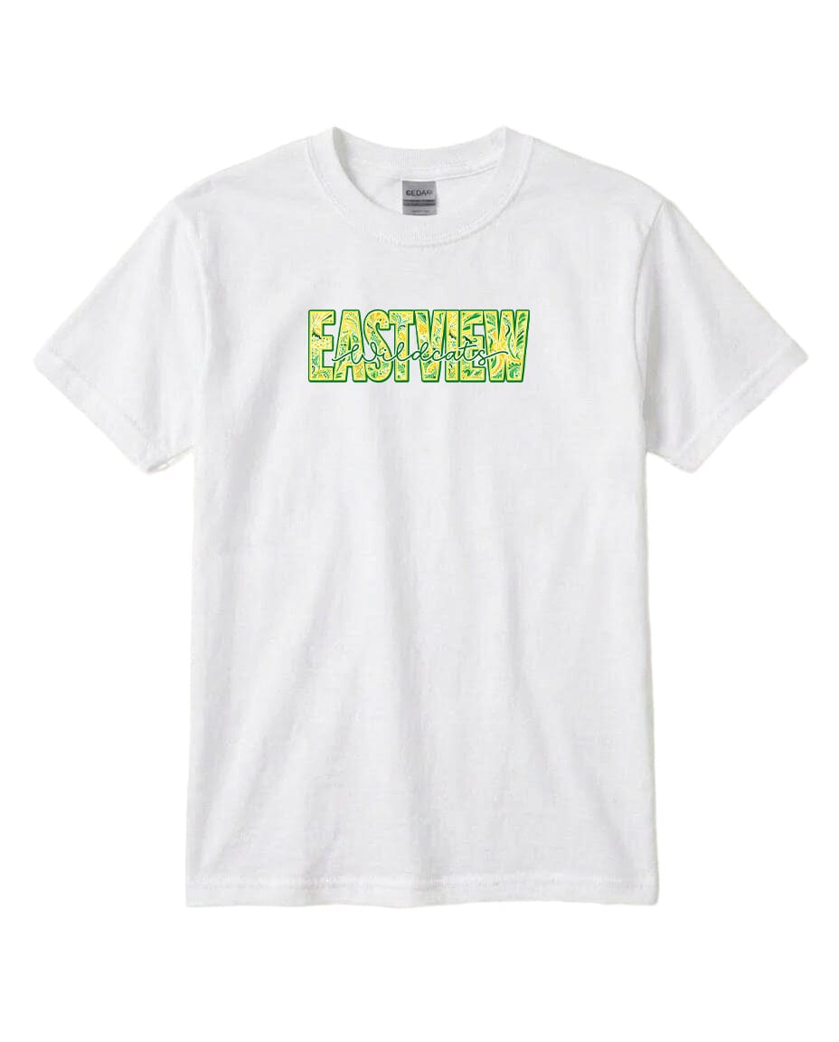 A white t-shirt with the text "EASTVIEW" printed on it in a stylized font.