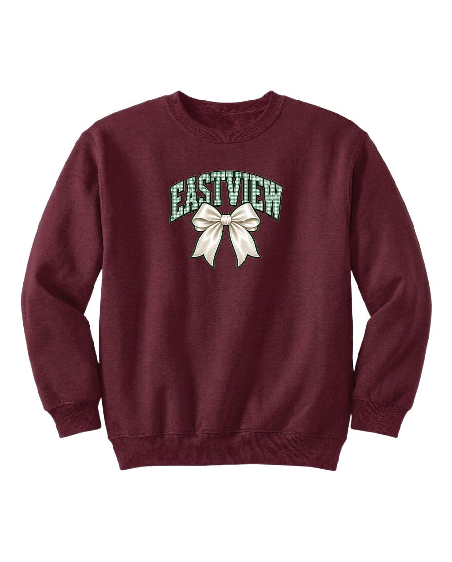 A burgundy sweatshirt with a white bow and the word "EASTVIEW" printed on it.