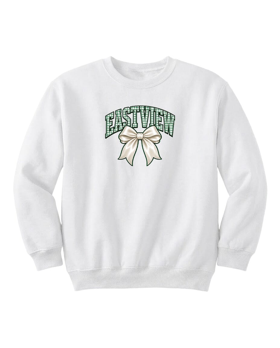 A white sweatshirt with a green bow and the word "EASTVIEW" printed on it.
