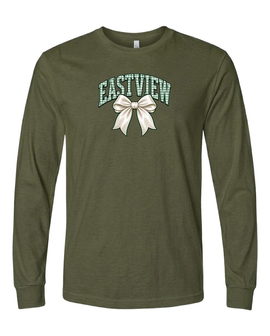 A long-sleeved olive green t-shirt with a graphic design on the front. The design features a white bow and the word "EASTVIEW" written in a stylized font.