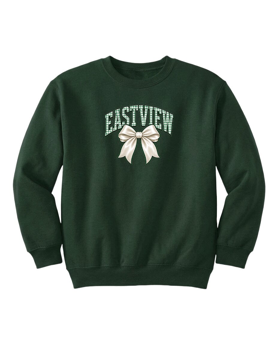 A dark green sweatshirt with a white bow on the front.