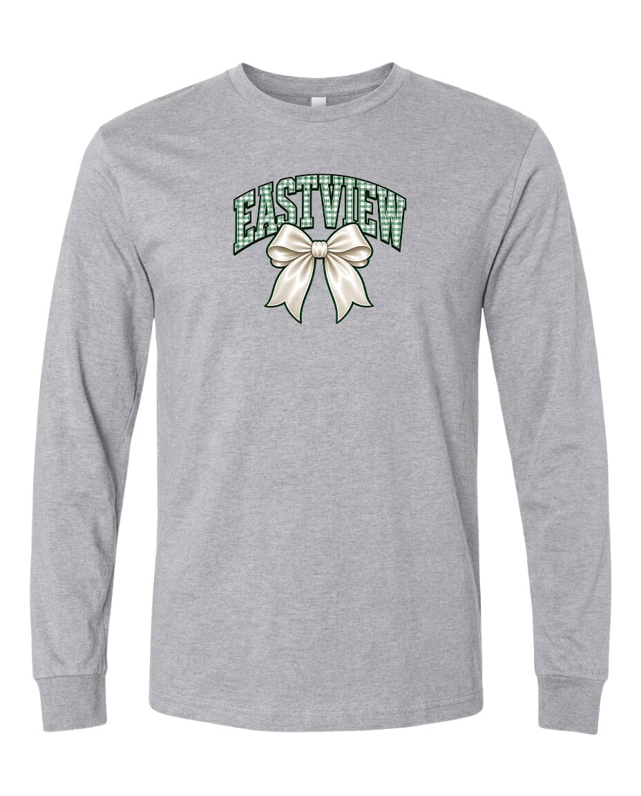 A gray long-sleeved t-shirt with a graphic design on the front.