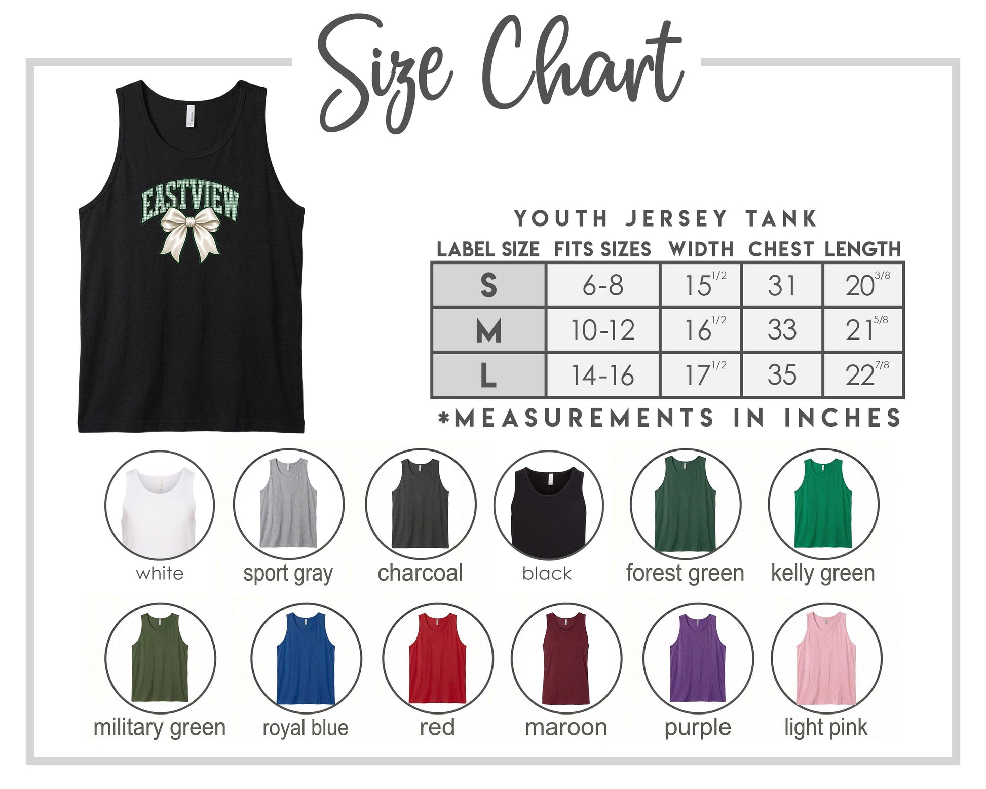 The image is a size chart for a youth jersey tank, displaying various sizes and corresponding measurements in inches.