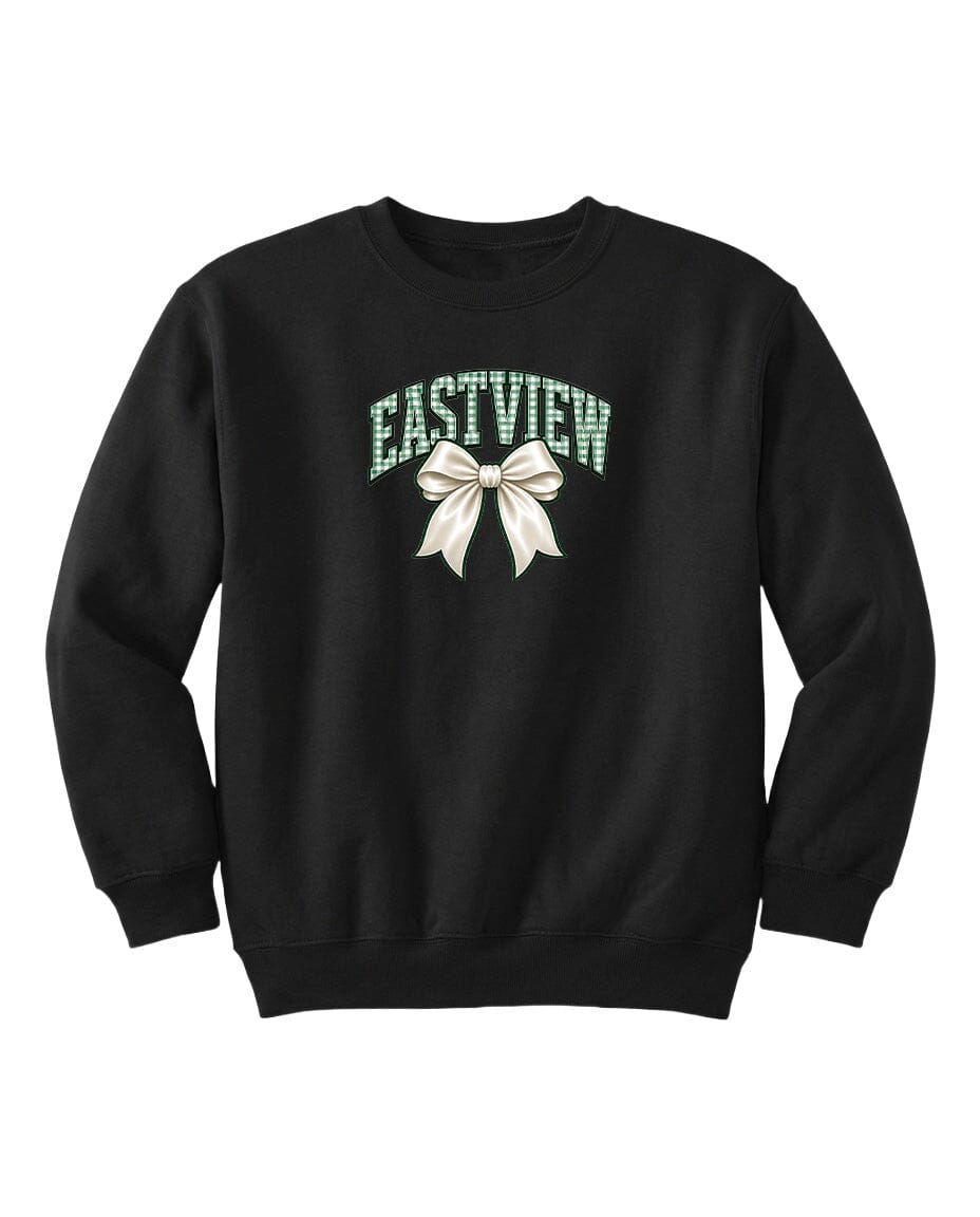 A black sweatshirt with a white bow and the word "EASTVIEW" printed on it.