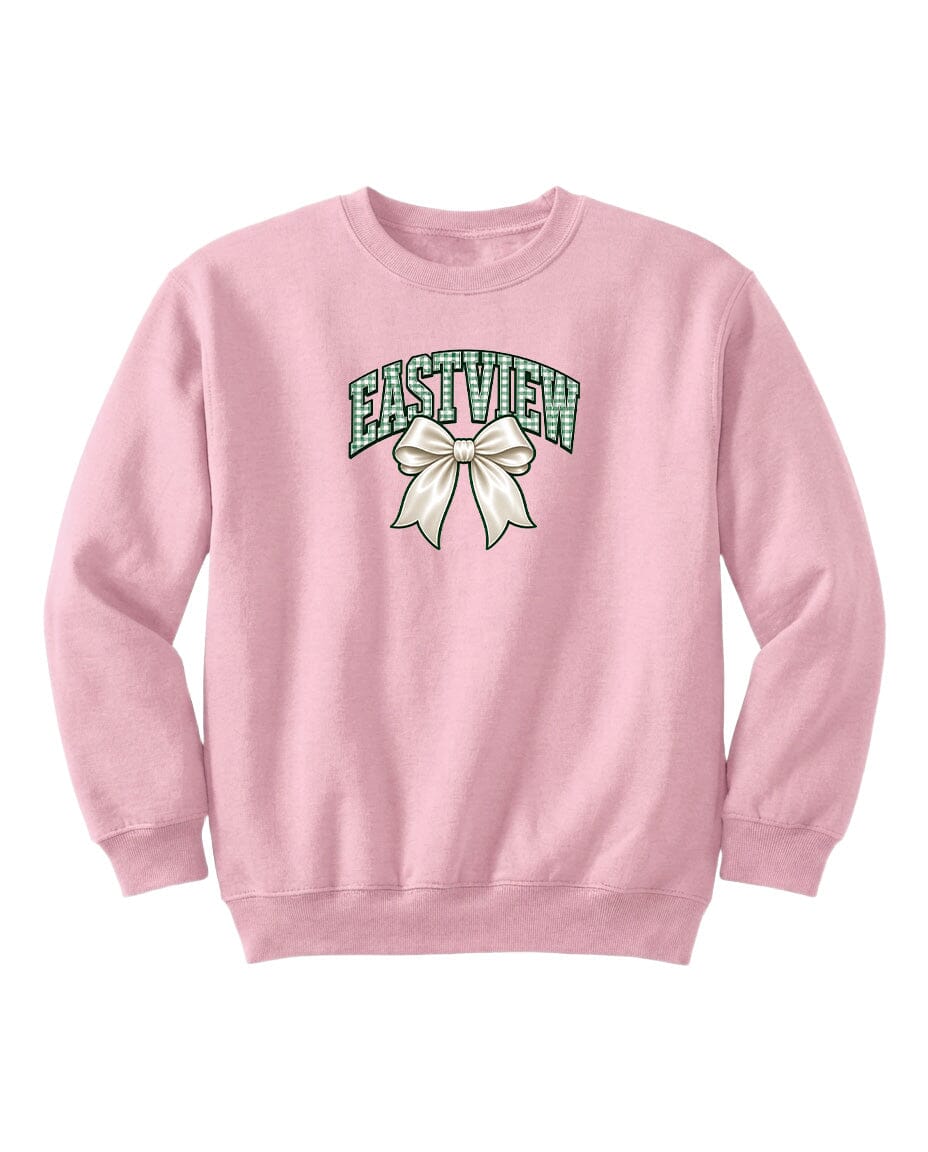 A pink sweatshirt with a graphic design featuring a bow and the word "EASTVIEW" printed on it.