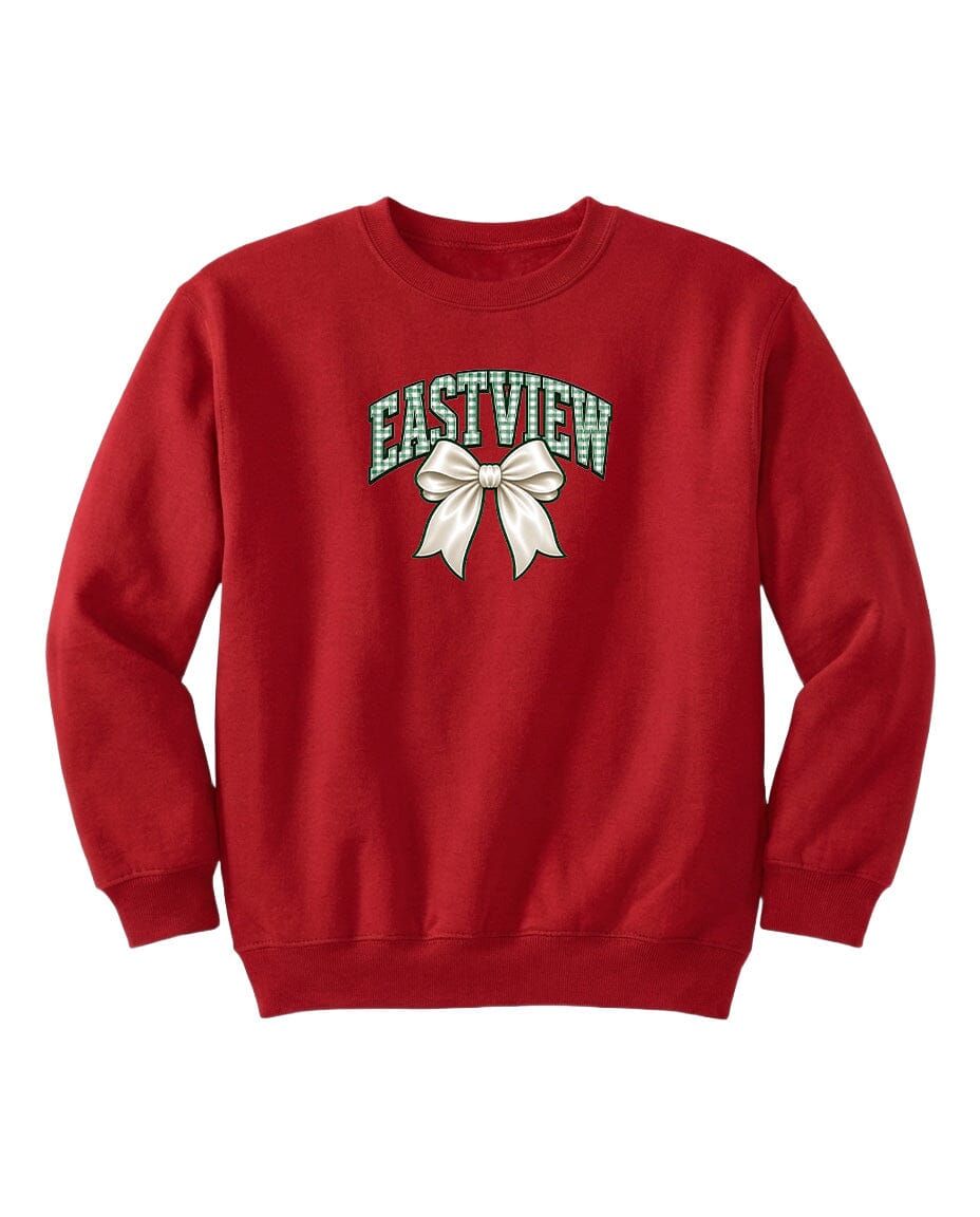 A red sweatshirt with the word "EASTVIEW" and a white bow printed on it.
