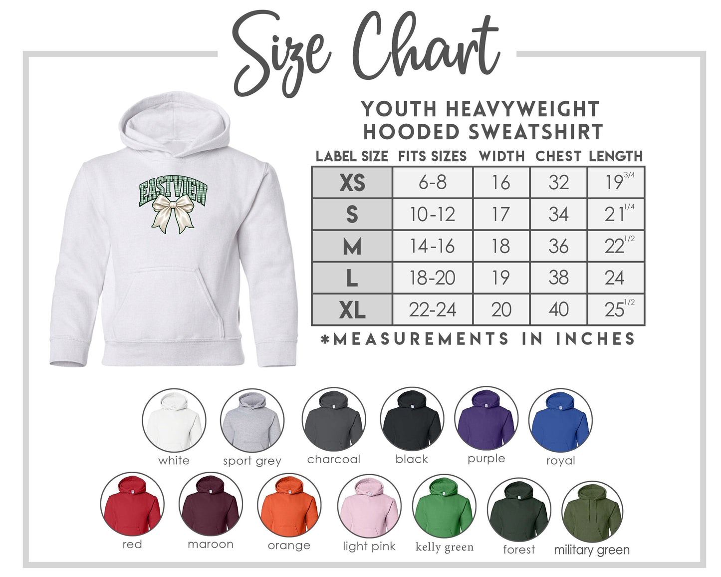 The image is a size chart for a youth heavyweight hooded sweatshirt, providing measurements for different age groups and sizes.