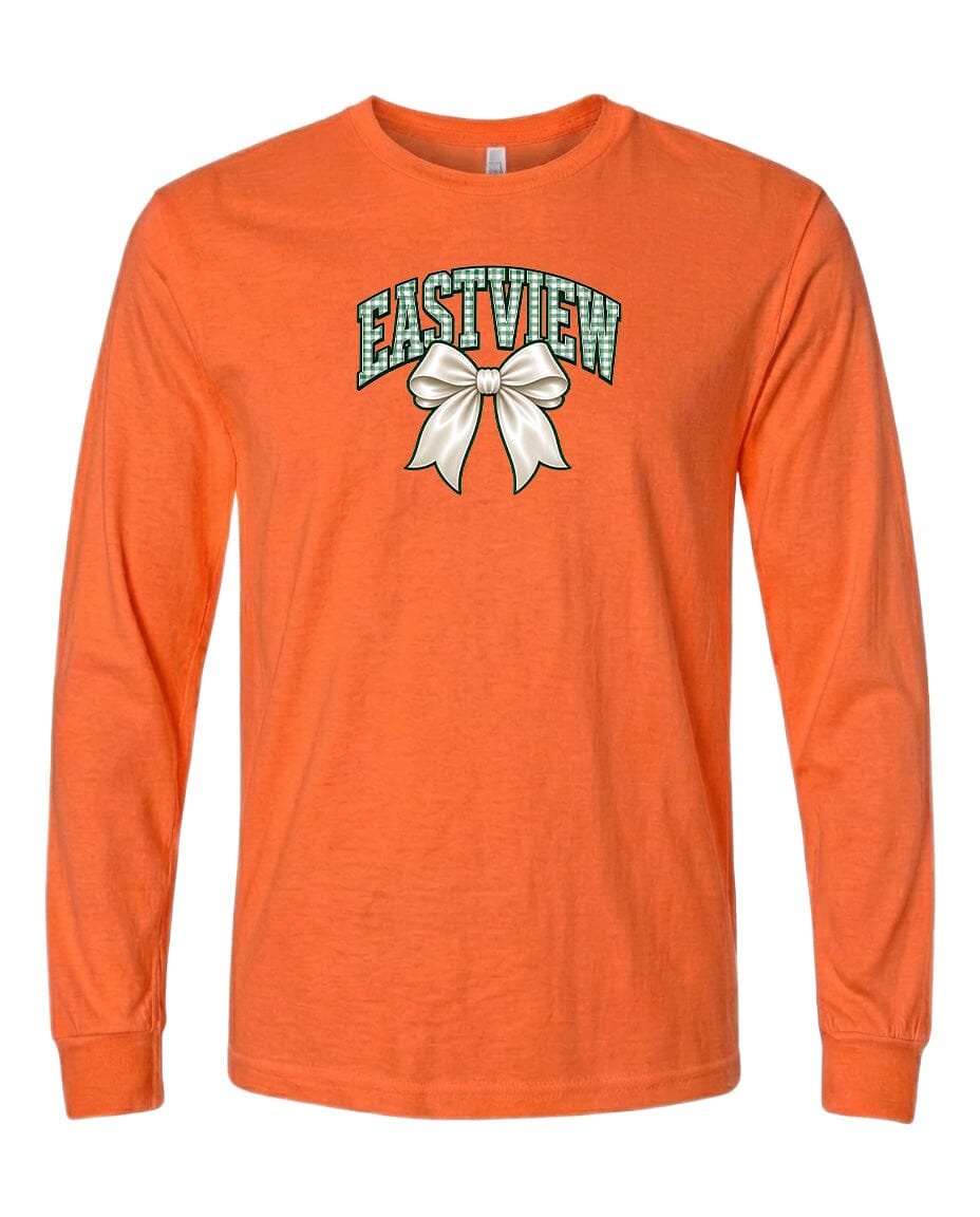 An orange long-sleeved t-shirt with a graphic design on the front.