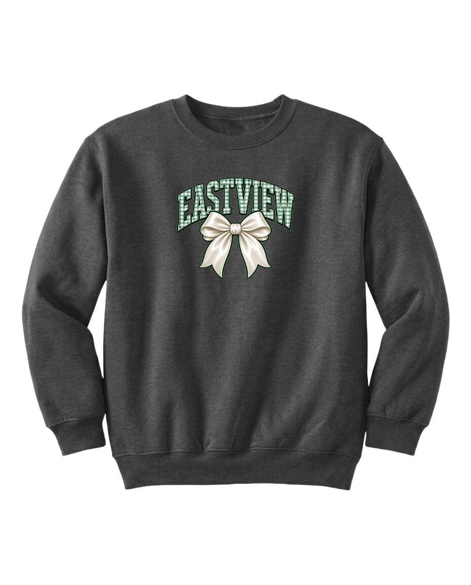 A gray sweatshirt with a green bow and the word "EASTVIEW" printed on it.