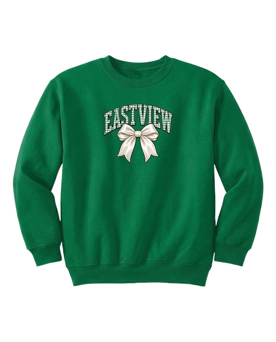 A bright green sweatshirt with the word "EASTVIEW" and a white bow printed on it.