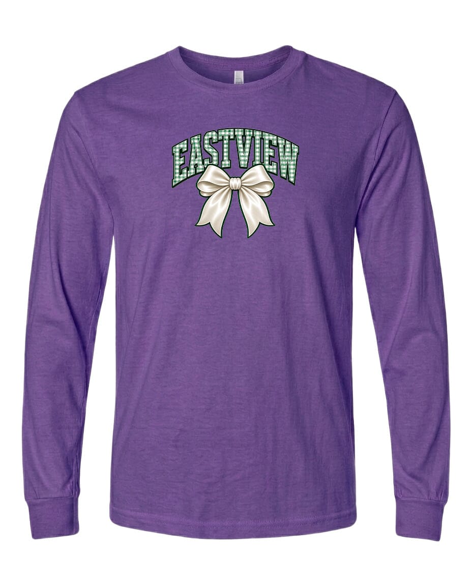 A purple long-sleeved t-shirt with a graphic design on the front.