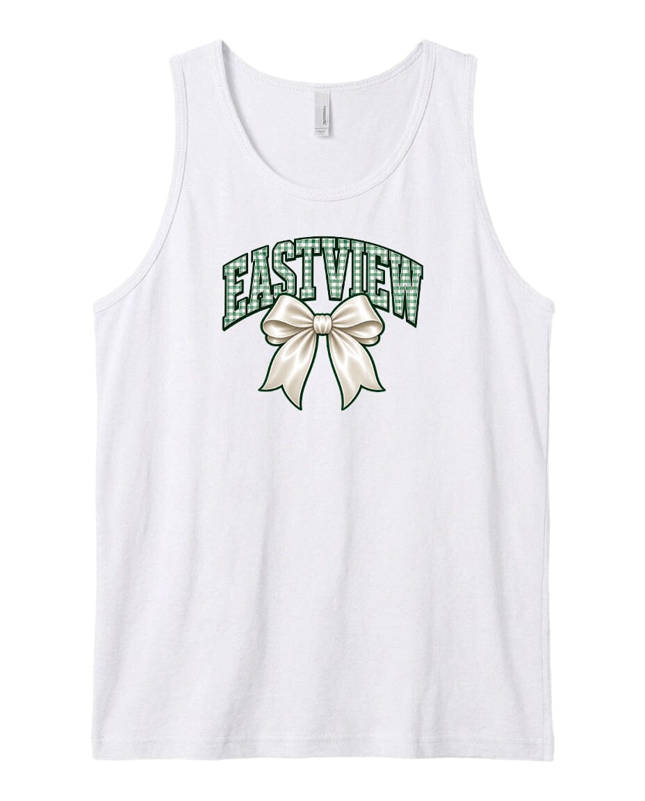 A white tank top with a green bow and the word "EASTVIEW" printed on it.