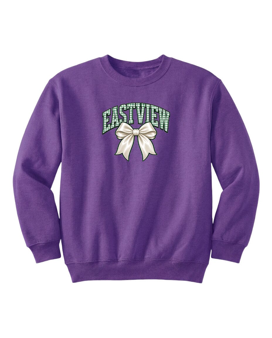 A purple sweatshirt with a graphic design on the front.