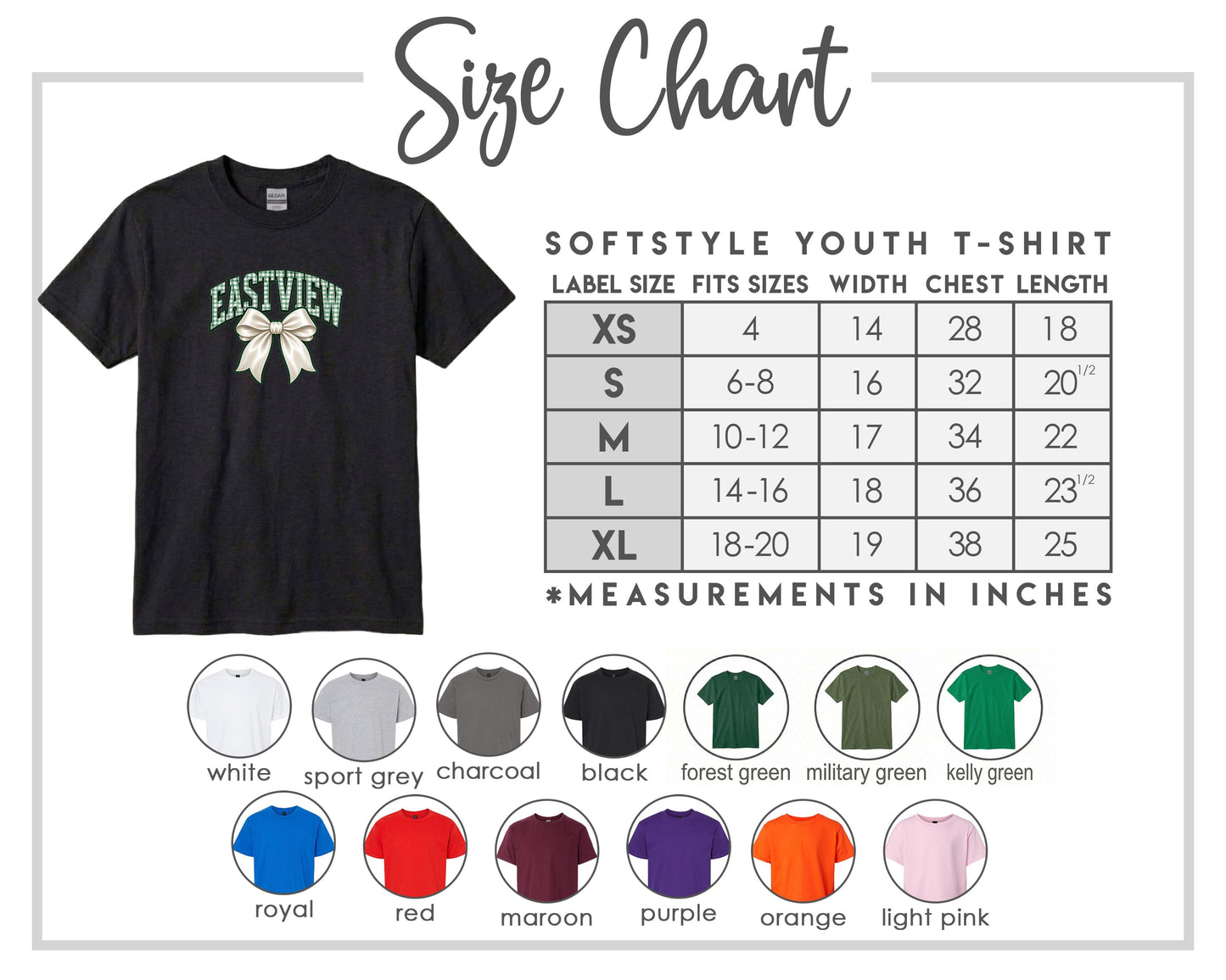The image is a size chart for a softstyle youth t-shirt, providing measurements for different sizes and corresponding t-shirt colors.
