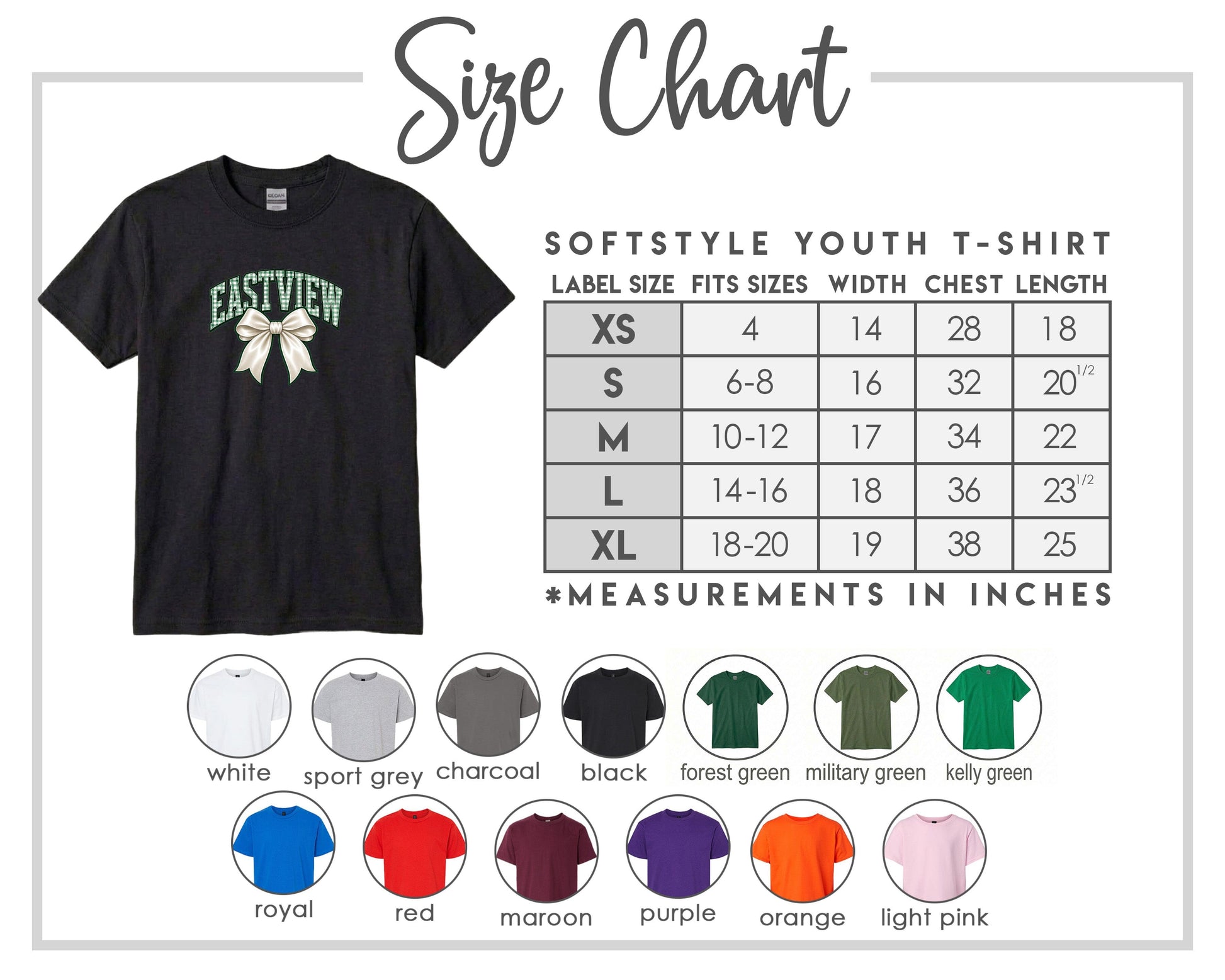 The image is a size chart for a softstyle youth t-shirt, providing measurements for different sizes and corresponding t-shirt colors.