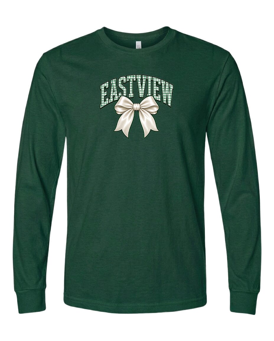 A dark green long-sleeved t-shirt with a white bow graphic printed on it.