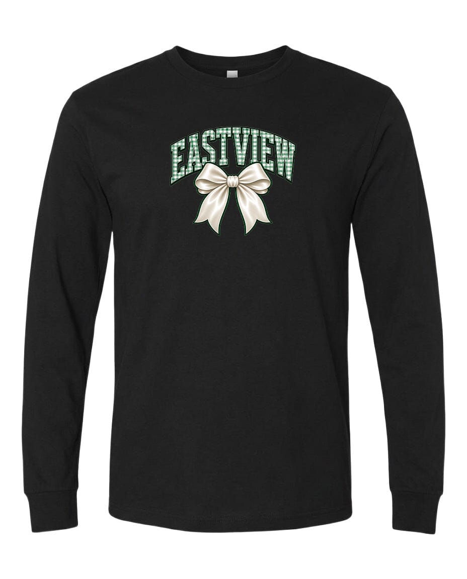 A black long-sleeved t-shirt with a graphic design on the front.
