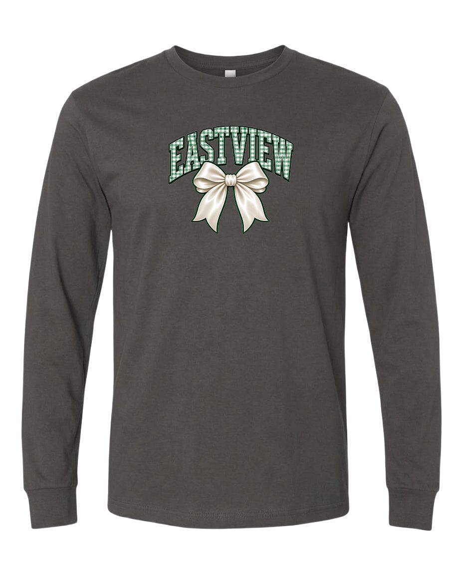 A gray long-sleeved t-shirt with a graphic design on the front. The design features a white bow and the text "EASTVIEW" written in a stylized font.