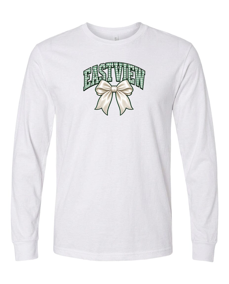 A white long-sleeved t-shirt with a graphic design on the front.