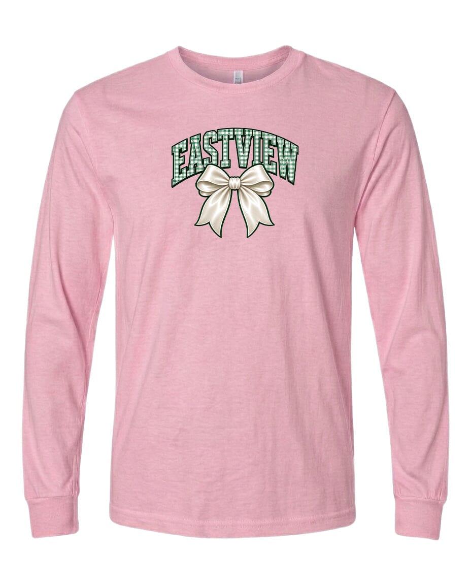 A pink long-sleeved t-shirt with a graphic design on the front.