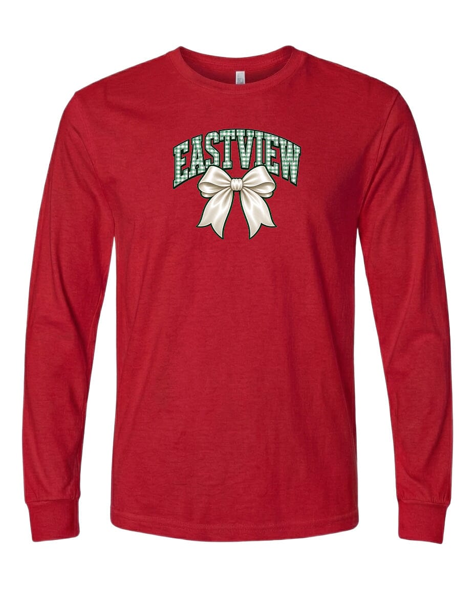 A red long-sleeved t-shirt with a graphic design on the front.