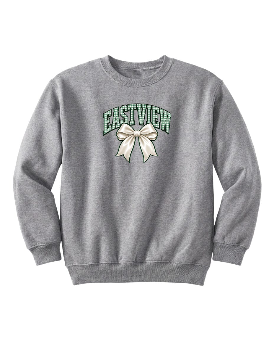 A gray sweatshirt with a graphic design on the front, featuring a large white bow.