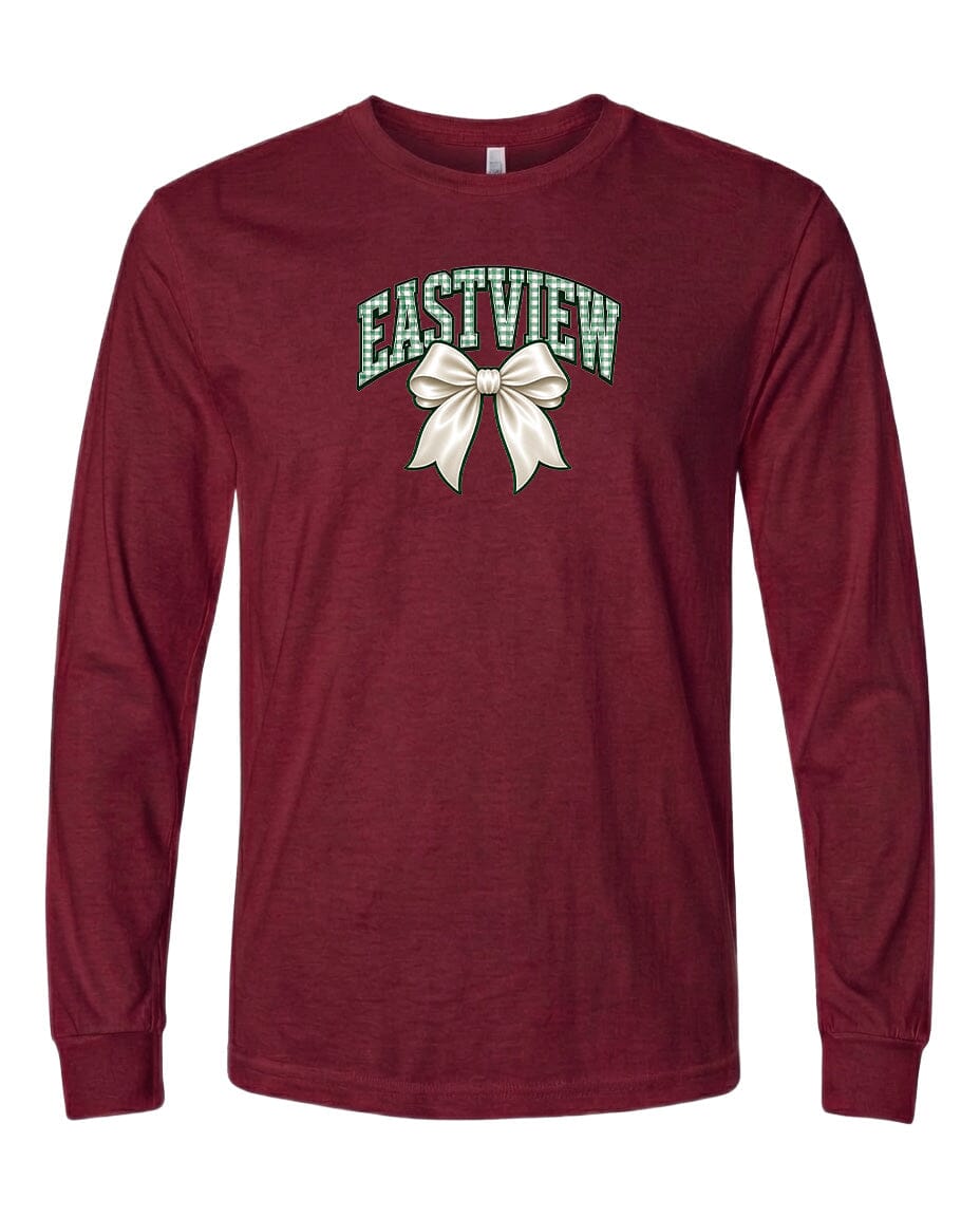 A burgundy long-sleeved t-shirt with a graphic design featuring a white bow and the word "EASTVIEW" printed on it.