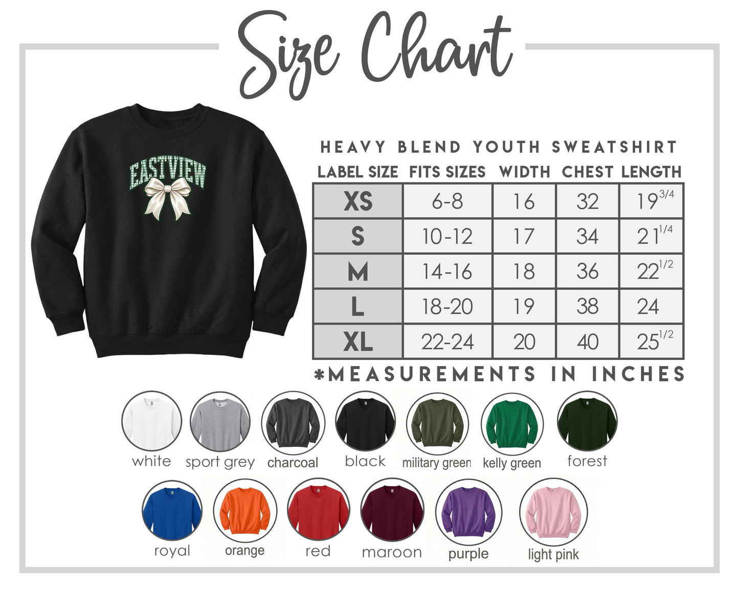 The image is a size chart for a heavy blend youth sweatshirt, including various color options and corresponding measurements in inches.