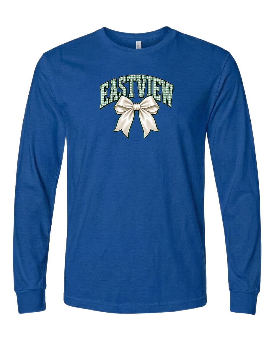 A blue long-sleeved t-shirt with a graphic design on the front.