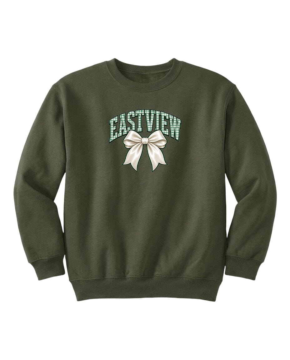 A dark green sweatshirt with a white bow and the word "EASTVIEW" printed on it.