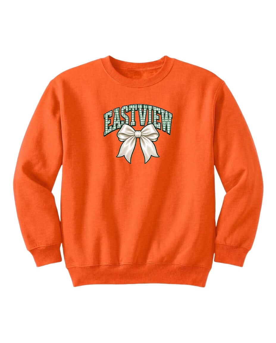 An orange sweatshirt with a white bow and the word "EASTVIEW" printed on it.