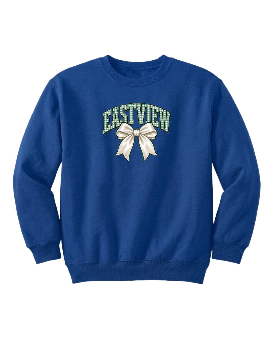 A blue sweatshirt with a white bow and the word "EASTVIEW" printed on it.