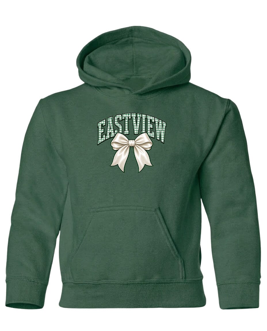 A green hoodie with a white bow on the front.