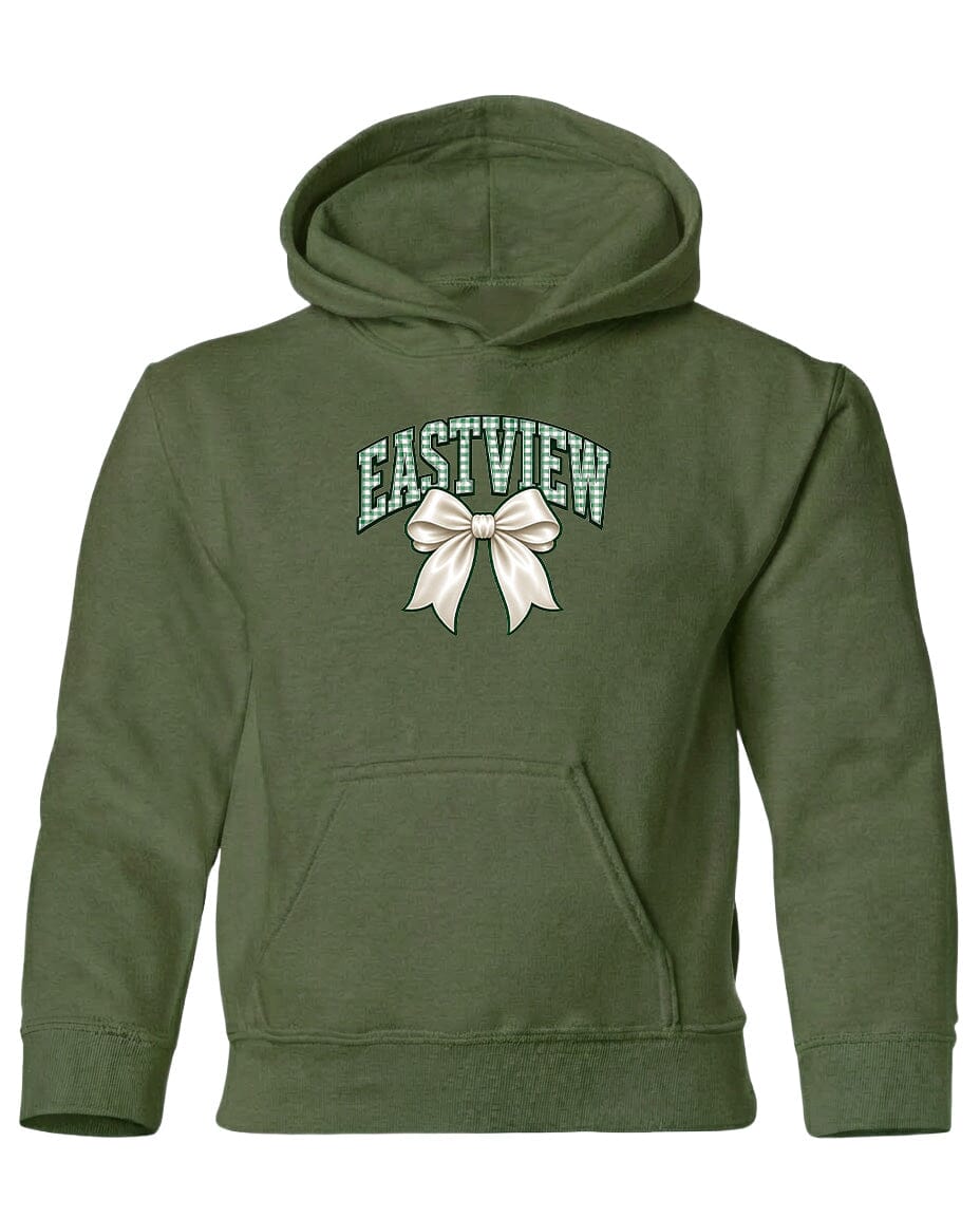 A green hoodie with a white bow on the front.