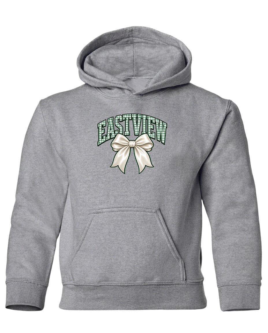 A gray hooded sweatshirt with a graphic design on the front.