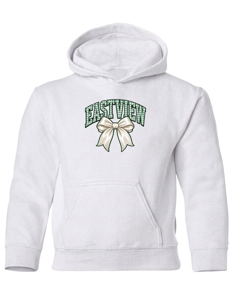 A white hoodie with a graphic design on the front.