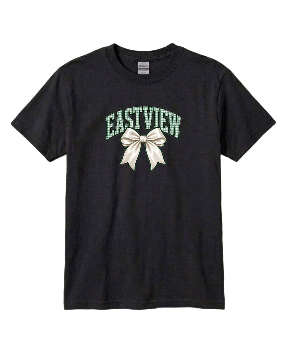 A black t-shirt with a graphic design featuring a white bow and the word "EASTVIEW" printed on it.