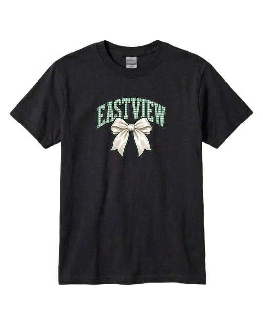A black t-shirt with a graphic design featuring a white bow and the word "EASTVIEW" printed on it.