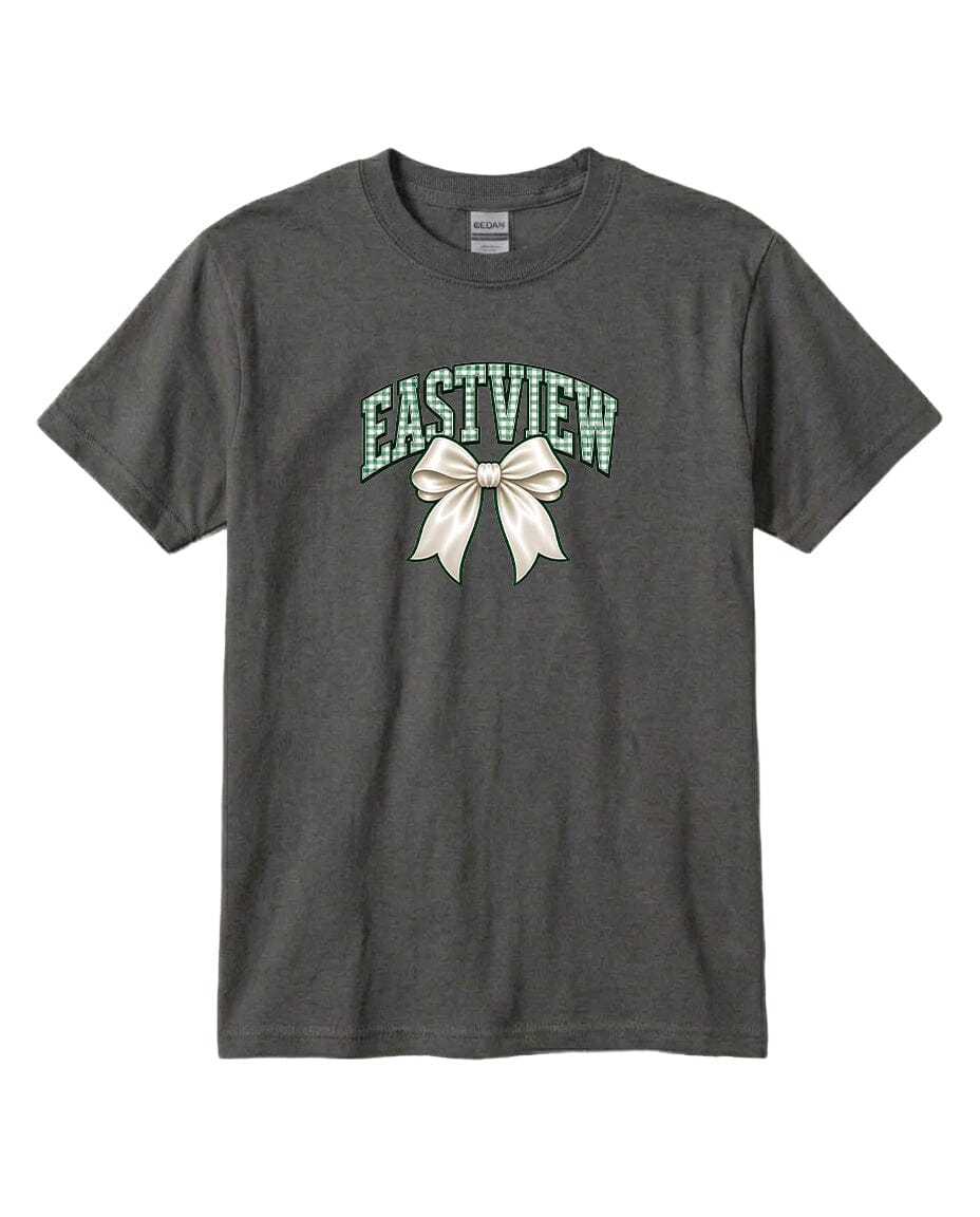A gray t-shirt with a graphic design featuring a white bow and the word "EASTVIEW" printed on it.