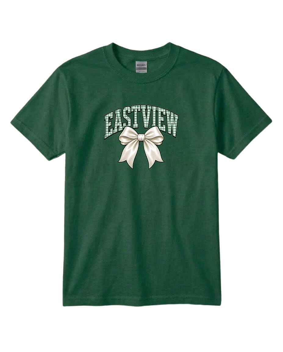 A green t-shirt with a white bow and the word "EASTVIEW" printed on it.